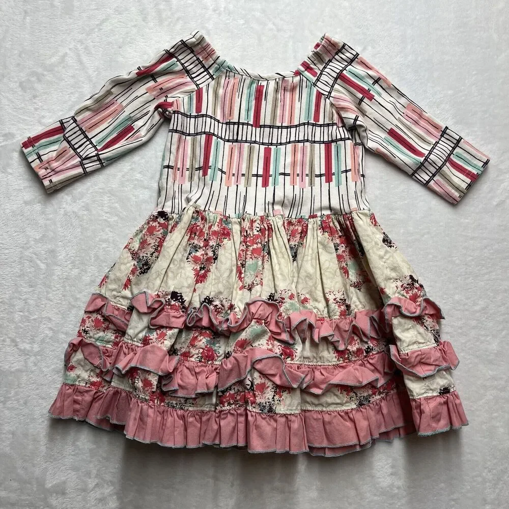 Boutique Floral Tiered Cotton Dress‎ Girls 5 Olive Mae Ruffle USA Mixed Print